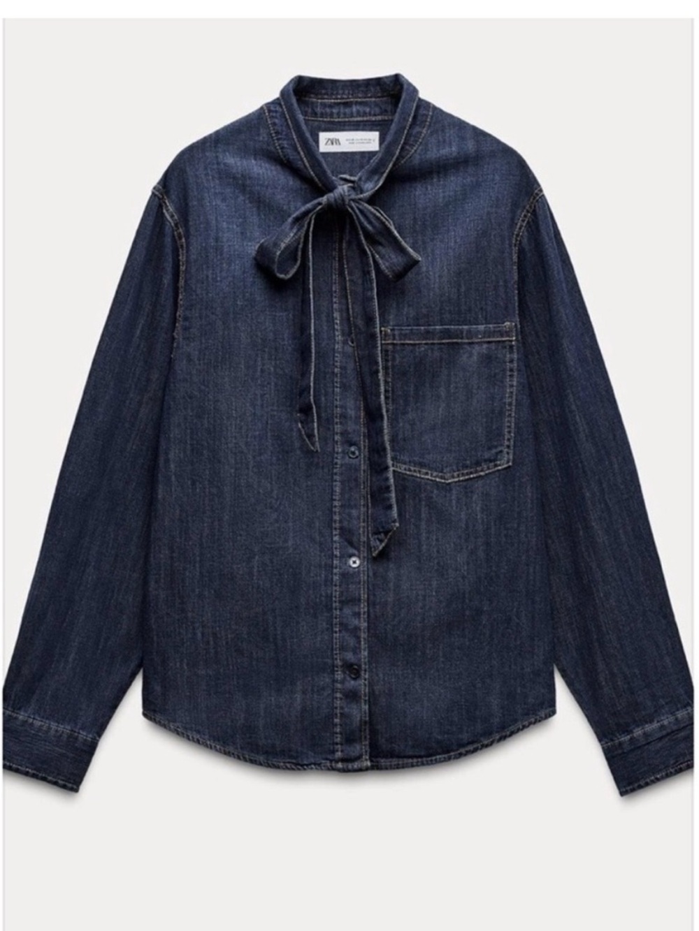 Zara Dark Blue Denim Tie-Neck Shirt